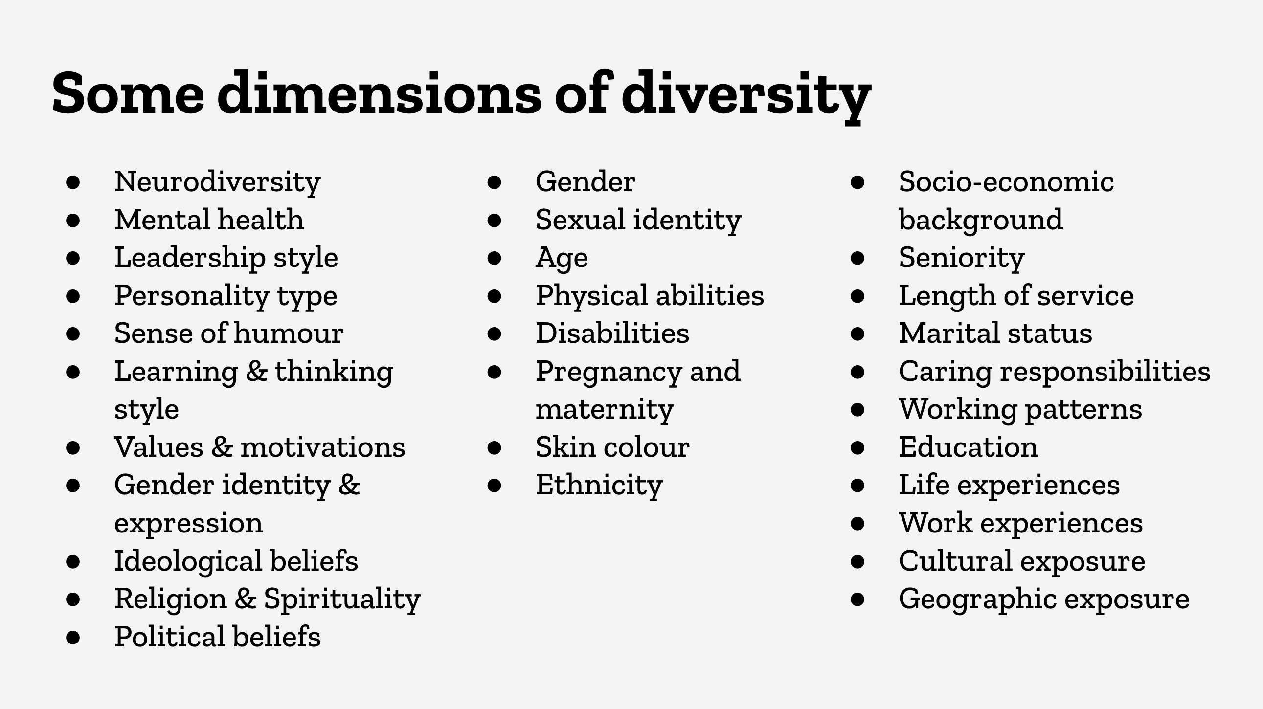 An image listing several dimensions of diversity, such as gender identity, learning styles, ethnicity and life experiences